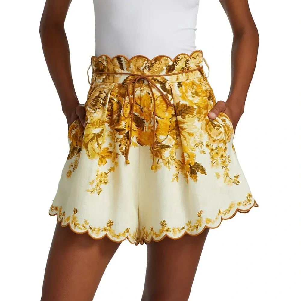 Zimmermann Aliane Scallop High Waisted Paperbag Short Amber Floral Womens Size 0 - Picture 1 of 6